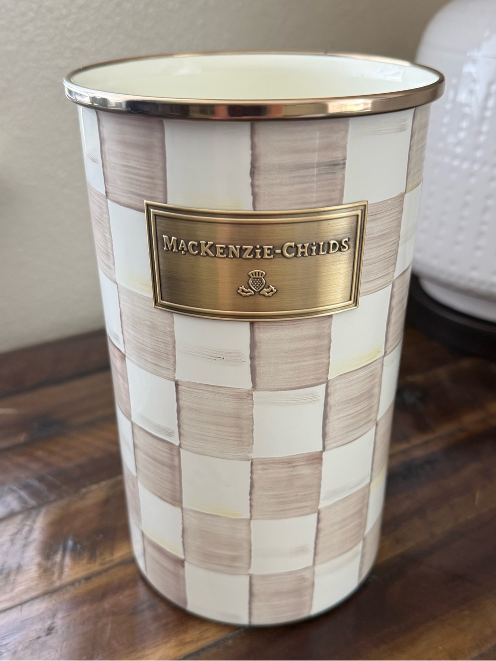 NWT MacKenzie Childs Mocha Check Utensil Holder Brand New